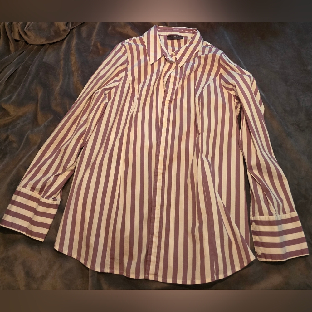 Lane Bryant 18 Button Up Mauve White Striped Long Sleeve Blouse Shirt Top Office